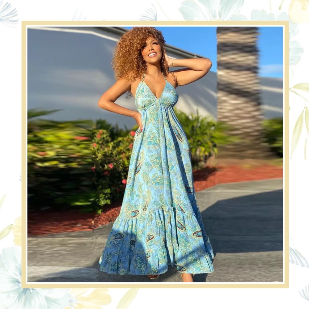 🌸 PAISLEY HALTER DRESS MAXI LONG BOHO CHIC BOHEMIAN SUMMER BLUE FLARE RUFFLE